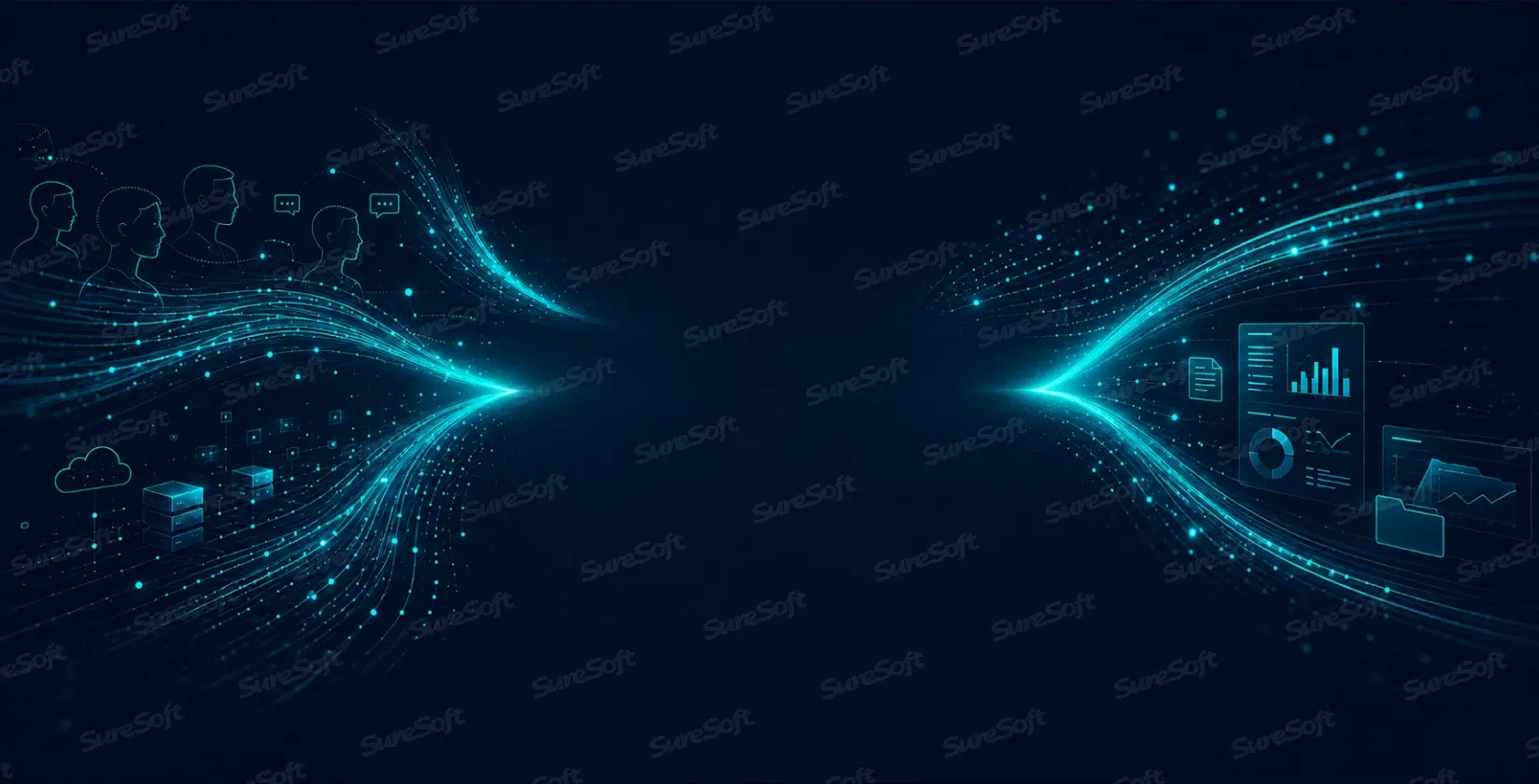 Abstract visualization of people, technology, and information converging