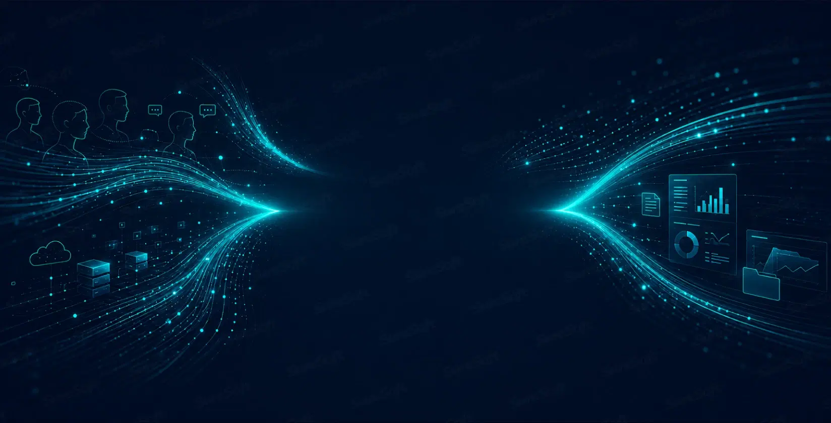 Abstract visualization of people, technology, and information converging
